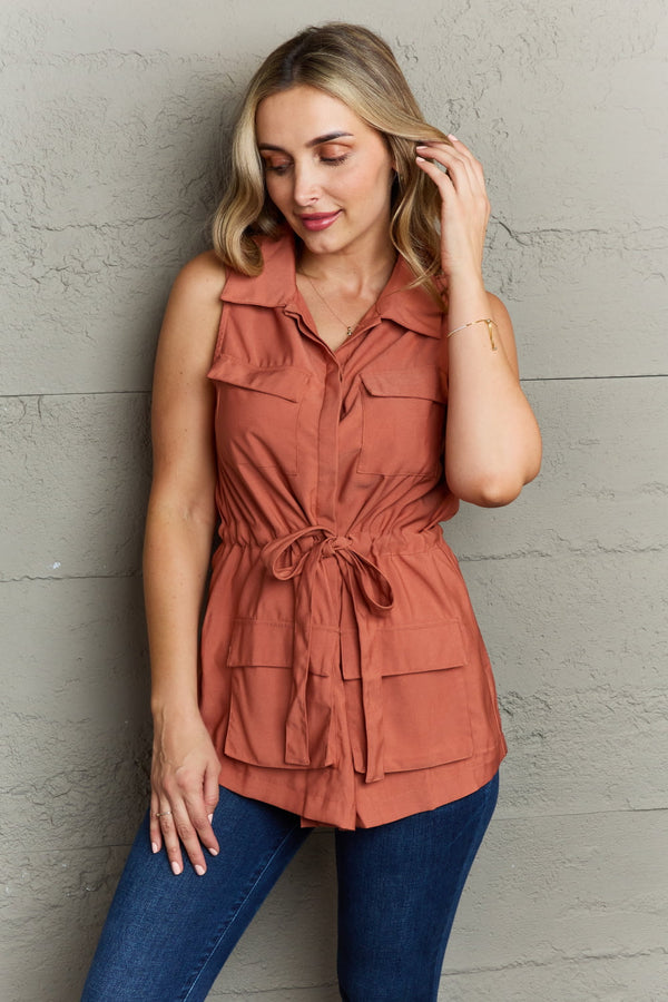 Sleeveless Collared Button Down Top-Brick Red