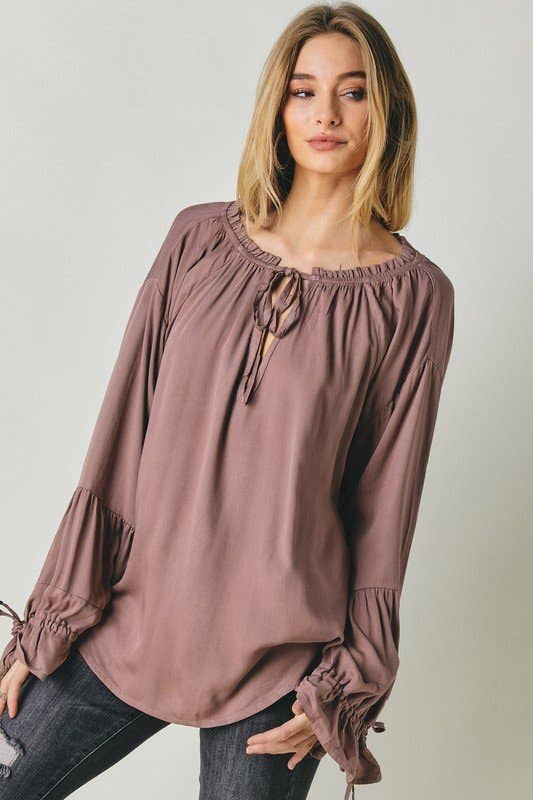 SOLID ROUND NECK LONG SLEEVE RUCHED TOP - MOCHA