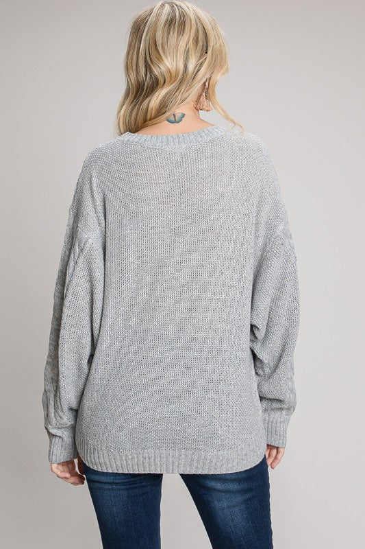 GREY SOLID CABLE KNIT SWEATER