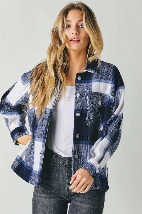 BLUE AND WHITE FLANNEL PLAID SHACKET
